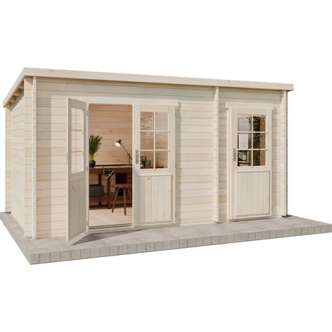 Alpholz Pultdach Gartenhaus Maria mit Anbau Gartenhaus aus Holz in Pinie, Holzhaus mit 40 mm Wandstärke, Blockbohlenhaus mit Montagematerial