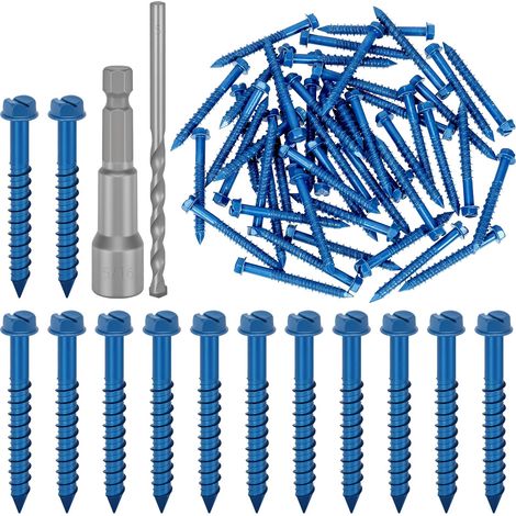 52pcs 1/4 x 2-1/4 '' fente Hex rondelle tête béton vis ancrage kit, bleu vis de ciment lourd avec broche de forage et broche de pilote pour ancrage à la maçonnerie, stuc (1/5)
