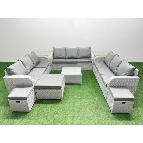 Fimous PE Rattan Lounge Sofa Set 12 Seater Outdoor Garden Furniture Set with Square Coffee Table 3 Seater Sofa 3 Stools 2 Side Table Light Grey (1/4)
