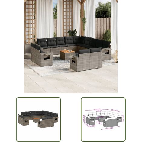 The Living Store 14-tlg. Garten-Sofagarnitur mit Kissen Grau Poly Rattan - Gartenmöbel Set - PE-Rattan Möbel - Outdoor Lounge - Esszimmergarnitur - Balkonmöbel (1/3)