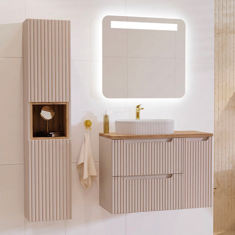 Set mobile lavabo singolo 90cm 3 cassetti e colonna Riva Cachemire e Legno (1/5)