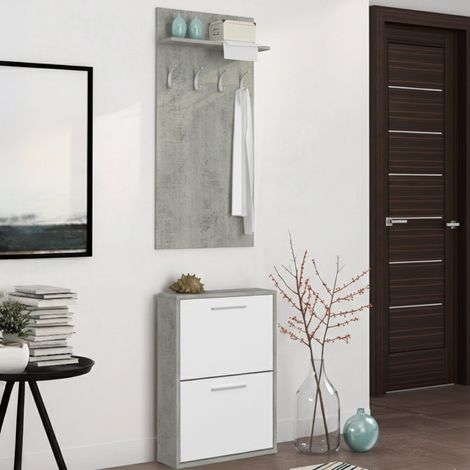 Mueble de Entrada Sestola, Apares, Cajones, Estantes, 54x28x181h cm Gris Cemento (1/4)