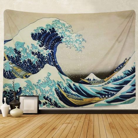 Tapisserie murale suspendre - Tapisserie murale Kanagawa, motifs artistiques inspires de la nature - Decoration pour salon, chambre coucher, dortoir, Wave, 200x150cm (1/5)