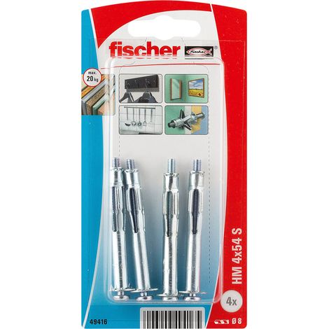 Fischer – Blister de 4 chevilles métalliques HM pour plaque de plâtre – Vis Ø4 x 54 mm – Charge élevée – Taraudage métrique pour dévissage facile