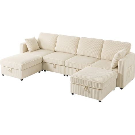 HOMCOM Divano Componibile a U con 2 Pouf Contenitori, Bianco Crema (1/5)