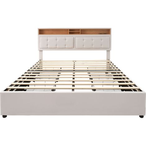 Letto con Cassetti Letto Matrimoniale, 4 Cassetti, USB, Tipo C e Prese, 160×200 cm, senza Materasso, Lino, Beige (1/4)