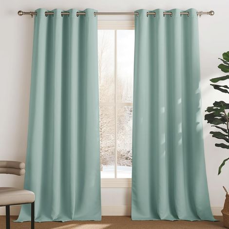 Lot de 2 Rideau Occultant Thermique Isolant Anti Froid et Chaleur 132x114 (lxH) Tenture Opaque à Oeillets Isolation Lumiere Uv Decoration Chambre Maison Salon Intérieurs. Vert Clair (1/5)