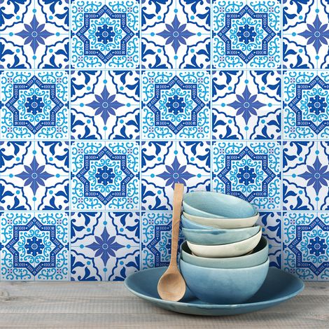 Sticker Mural Carrelage adhésif Cuisine Salle de Bain - 9 STICKERS CARREAUX DE CIMENT AZULEJOS JUAN PABLO - 9stickers15x15cm (1/5)