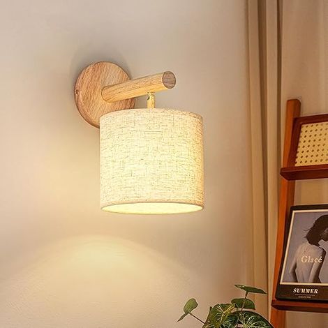 Applique Murale Intérieur Applique Murale Bois E14 Lampe Murale abat-jour en tissu Appliques pour Chambre Couloir Salon Escalier Lin