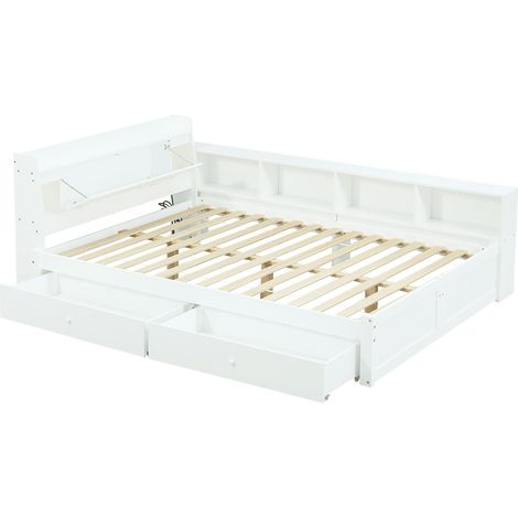 Letto matrimoniale 140x200 cm con testiera contenitore, 2 luci, presa e cassetti, bianco (1/5)