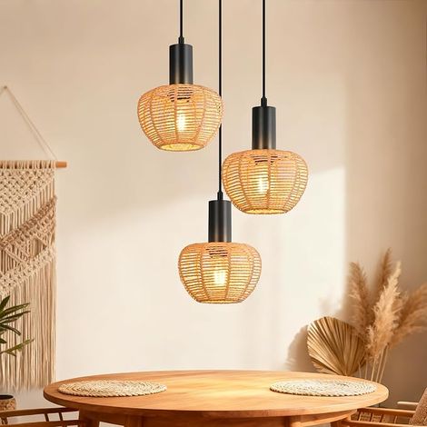 GBLY Lámpara Suspensión Boho Rotin 3 Bombillas Vintage Trenzada Cuerda de Lino E27 Sin Bombilla Para Comedor Dormitorio (1/5)