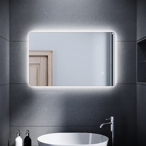 SONNI Badspiegel Led Touch Badezimmerspiegel mit beleuchtung Wandspiegel 50x80cm, Touch-Schalter, Kaltweiß, Vertikal/Horizontal, Schutzklasse IP44 (1/5)
