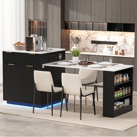 Isola da cucina con tavolo estraibile, LED e ruote, nera, 127,5-205 x 67 x 92 cm (1/5)