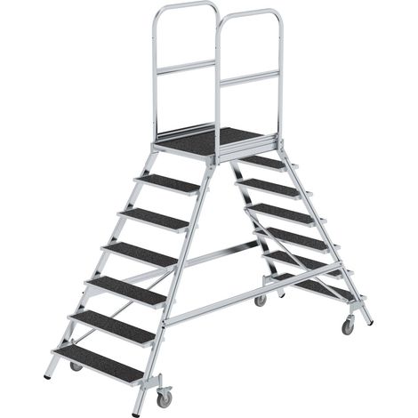 Günzburger Steigtechnik Escalier à palier praticable des deux côtés avec roulette à ressort revêtement corindon R13 2x7 marches - 059207