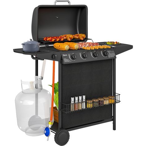 Barbecue à gaz 4+1 brûleurs indépendants avec thermomètre et couvercle, dimensions 121x54x97 cm, noir. (1/5)