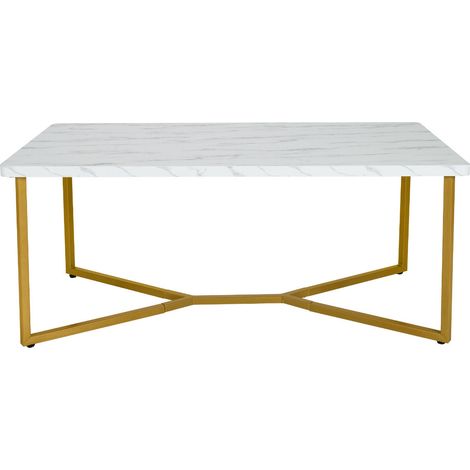 Mesa de centro moderna 107 x 60 x 45,5 cm con patas de metal dorado y deslizadores ajustables en MDF blanco 200021082