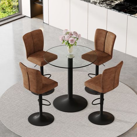 Mesa de bar redonda de cristal 89 cm con 4 taburetes giratorios de tela marrón y metal negro (1/5)