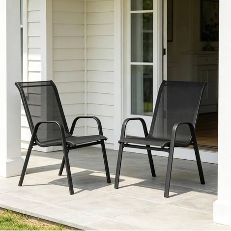 Lot de 2 chaises de jardin 55/65/92 cm gris foncé en métal et polyester empilables (1/5)