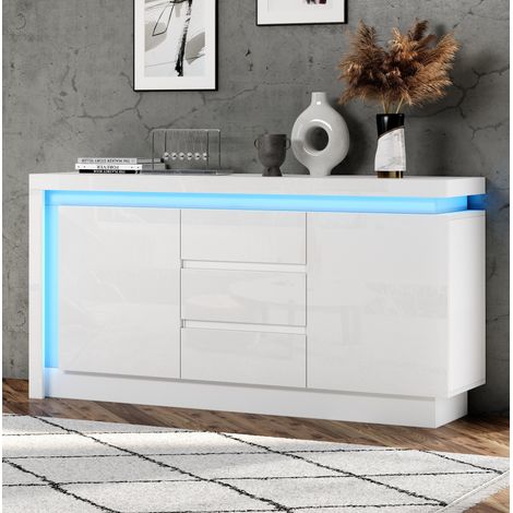 Credenza con LED 140 x 35 x 72 cm, 3 cassetti, 2 ante, bianca, in truciolare DESVIAE (1/5)