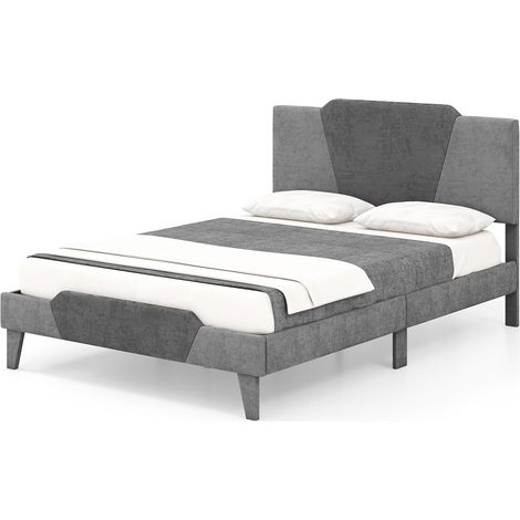 COSTWAY Cama Tapizada 140x200cm, Camas Matrimoniales Terciopelo con Cabecero, Estructura Cama para Soporte de Colchón, sin Necesidad de Somier de Láminas de Madera, Gris (1/5)