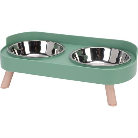 Gamelle surélevée pour chat en acier inoxydable avec double bol intégré pour nourriture et eau, idéale pour la maison (vert). (1/5)