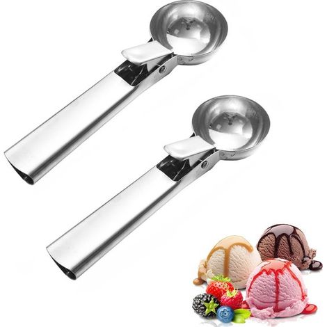 Cuchara helado acero inoxidable 2 piezas, Cuchara fruta acero inoxidable, Cuchara postres ergonómico, Fácil usar, antideslizante, Plateada (1/5)