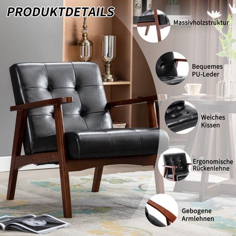 Sessel Wohnzimmer Polstersessel mit Armlehnen, Loungesessel aus PU-Leder und Holz, bequemer Lesesessel Relaxsessel, Schwarz