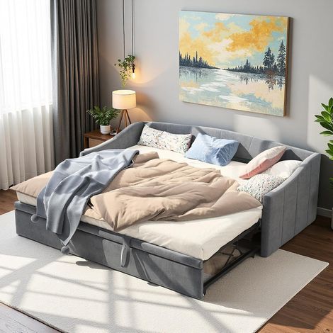 Canapé Lit 2 Places Convertible 90/180x200 cm,Lit Canape 2 Personnes avec Lits Gigogne,Sommier à Lattes,Canapé-lit Extensible pour Adulte et Adolescent,Velours,sans Matelas,Gris (1/5)