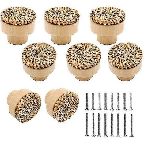 Lot de 8 boutons de tiroir bohèmes en rotin, boutons de meubles en bois pour décoration en osier, tiroir bohème en rotin (1/5)