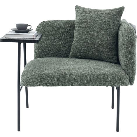 Fauteuil de salon en chenille vert émeraude avec table d'appoint intégrée, poches de rangement et piètement métal noir, assise 67 cm, 250 kg (1/5)