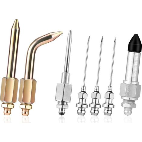 Kit de accesorios para pistola de engrase de 7 piezas, que incluye 3 boquillas de grasa, 1 dispensador de agujas, punta de goma, boquilla recta y 1 codo de aguja para espacios reducidos. (1/5)