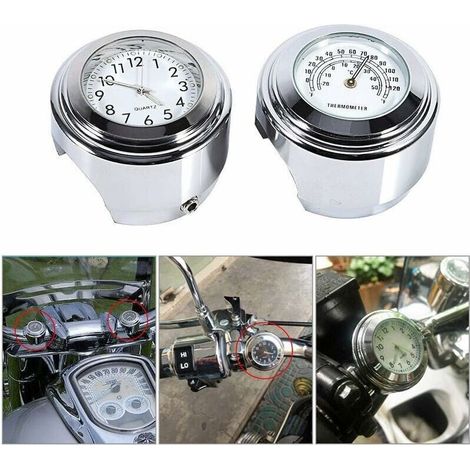 Motorrad-Lenkeruhr, 7/8" Silberne, wasserdichte Motorrad-Lenkeruhr mit Beleuchtung und Thermometer (1/5)