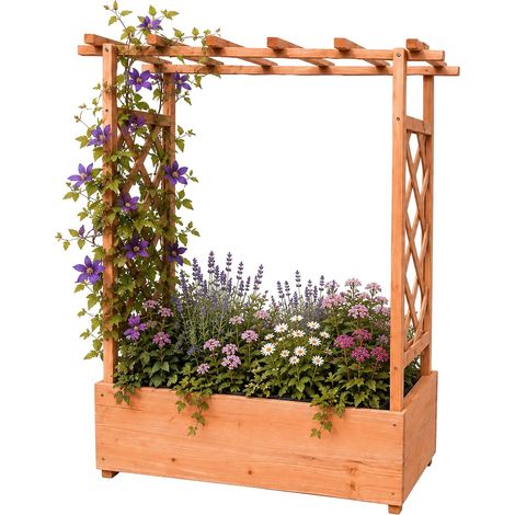 Jardinera Relaxdays con celosía y techo, 114x100x44 cm, macetero para balcón y jardín, madera, marrón (1/5)