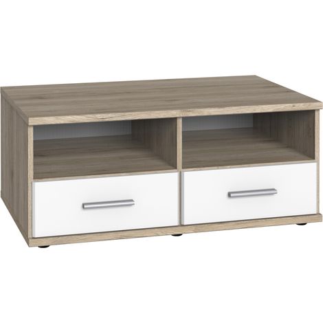 Meuble TV bas coloris Imitation chêne San Remo, rechampis blanc - Longueur 92 x Hauteur 38 x Profondeur 58 cm -PEGANE-