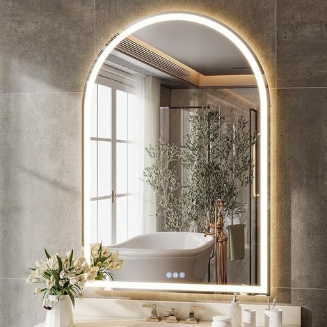 LED Bathroom Mirror 120 x 75 cm with Backlight, Curved Cosmetic Mirror with Anti-Fog Function, Dimmable, Three-Level Light Color, Memory Function, Glass (1/5)