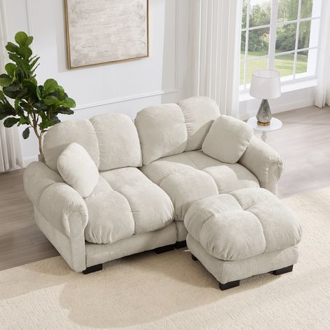 Divano angolare modulare a 2 posti in tessuto ciniglia, design elegante, spessi cuscini ergonomici, facile da montare, dimensioni soggiorno 190×149×90 cm, 1 poggiapiedi, kaki chiaro (1/5)