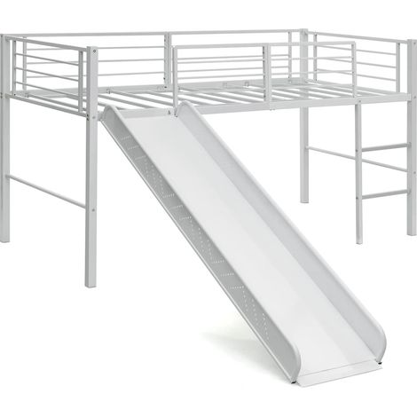 COSTWAY Lit Mezzanine 198 x 96 cm en Métal avec 4 Garde-corps de Sécurité,Echelle à 2 Marches et Toboggan Matelas non Inclus Blanc (1/5)