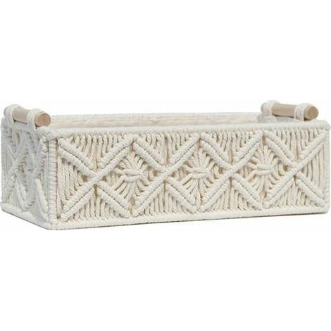 Ikodm – Panier de rangement en macramé tissé à la main – Dimensions 31x14,5x10 cm – Boîte décorative pour salle de bain, chambre, salon – Blanc (1/5)