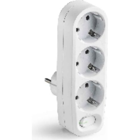 FPLUS adaptador interruptor + 3 tomas (ref.1343) , Adaptador triple 3x2P+T de entrada frontal con interruptor
16A 250V 3680W máx.
Producto con entrada de conexión vertical con tres