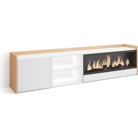 Skraut Home - Mueble TV, Televisión, Muebles de salón, almacenaje, 212x35x50cm, Para TV hasta 80", Chimenea eléctrica XXL, LED, Estilo Moderno, Blanco y roble soft (1/5)
