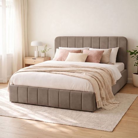 Lit coffre 160x200 velours marron avec tête de lit + sommier à lattes (1/5)