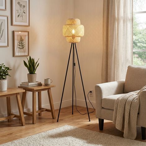 Lampadaire trépied en osier  E27 Corps de lampe noir Métal IP20 30x33
