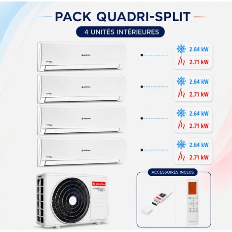 Ariston Group – Climatisation multisplit réversible 2,5 kW – 4 unités intérieures Alys Net – Unité extérieure Quad 110 – Connectivité WiFi – Silence 21 dB(A)