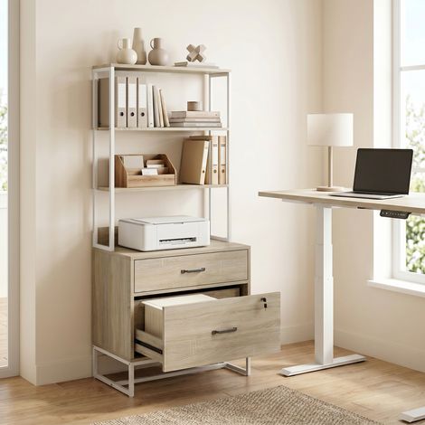 Mueble Archivador con Estantería 2 Cajones Encimera para Impresora Cerradura para A4 Letter Legal Roble (1/5)