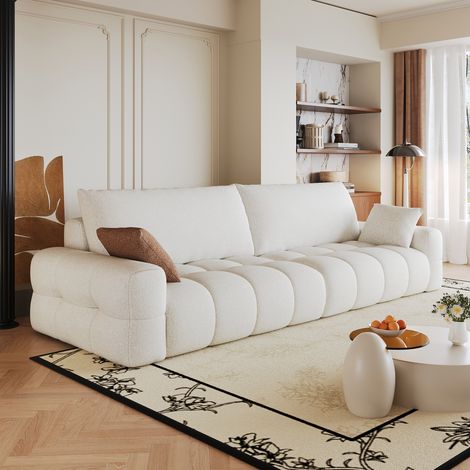 Neche Canapé droit modulable 4 places en tissu teddy blanc,Canapé au sol sans structure,Canapé moelleux pour salon,260x105x86cm