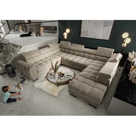 Wohnlandschaft Schlafsofa BASTIEN XL in Stoff Terra Beige Ottomane Rechts