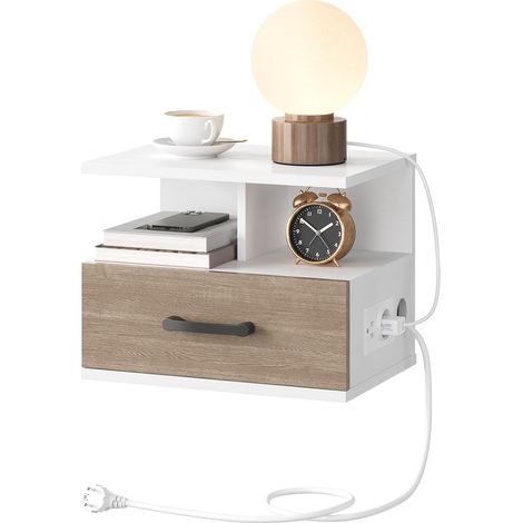 Table de Nuit Suspendue, Table d'Appoint Murale avec Station de Charge et tiroir Rabattable, Bout de Chevet avec 1 Prise Standard et 2 Ports USB, 2 Modes de Montage, Blanc et Gris (1/5)