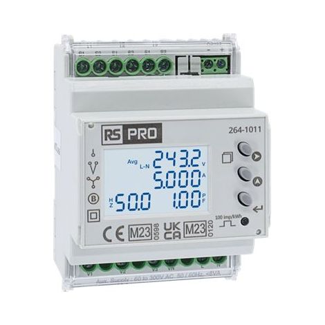 Compteur d'énergie RS PRO, mono/triphasé , 415 (Phase) V ac, 240 (Phase and Neutral) V ac, 6A, 63Hz, Modbus RS485, 3 x ( Prix pour 1 )