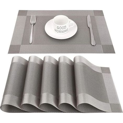 Sets de Table PVC Antidérapant Lavable Résiste à la Chaleur Rectangulaire Vinyle pour Restaurant, Cuisine ou Salle à Manger, 45 x 30 CM Lot de 6 (Gris+ Argenté) (1/4)