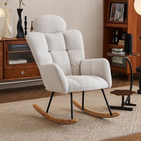 Fauteuil à bascule en peluche Teddy, fauteuil à bascule capitonné, base en métal noir, pour salon et chambre, blanc (1/5)